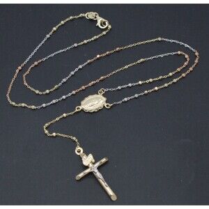 Real 10K Tricolor Gold Rosary Mary Guadalupe Jesus Cross Necklace 3.7gr 18"-24"